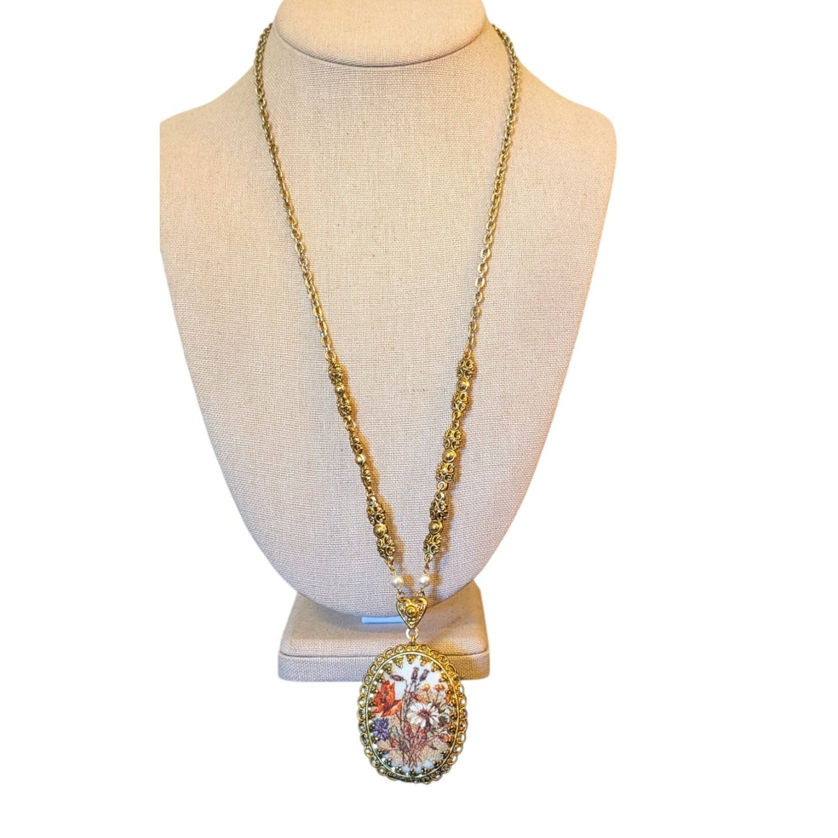 West Germany Vintage 60s Floral Print Sugar Glass Pendant Filigree 25" Necklace