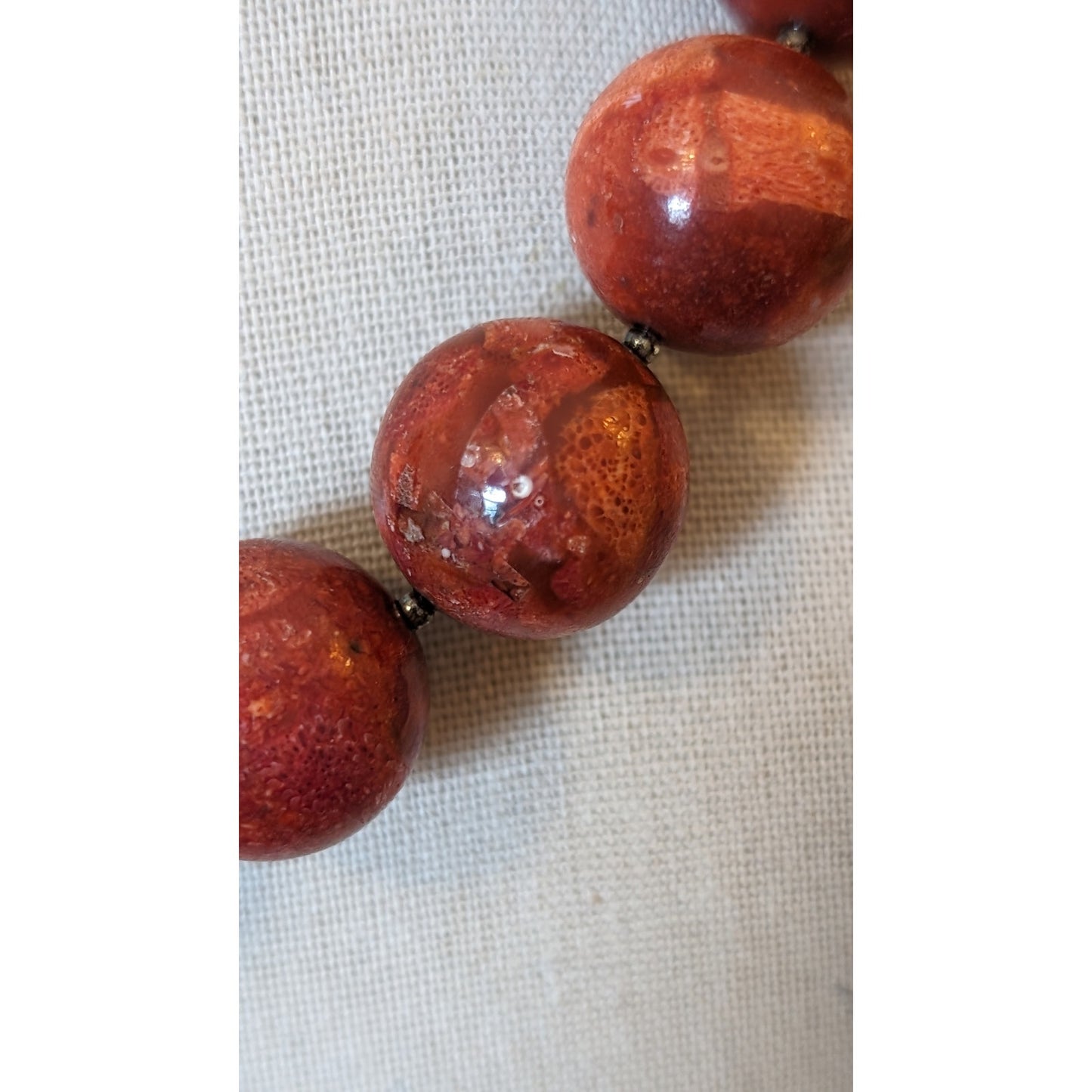 Genuine Coral Marbled Red 20 Bead Statement Necklace w/ Sterling Toggle Clasp