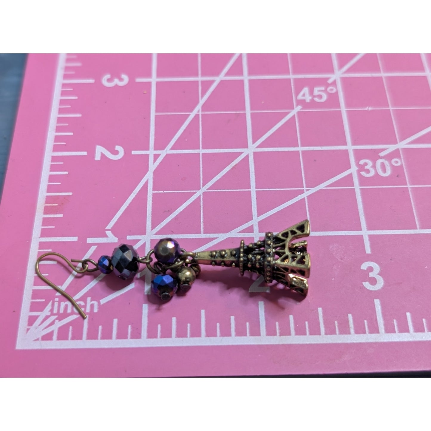 Eiffel Tower Antiqued Gold Tone Purple Crystal Cluster Dangle Earrings