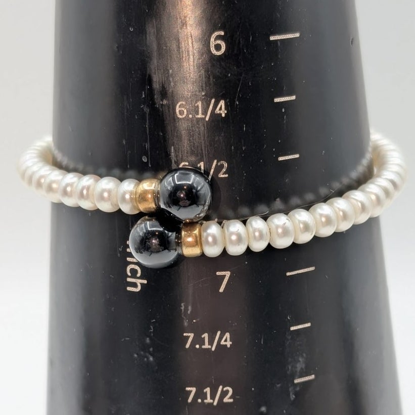 Freshwater Pearl Black Onyx End 14K Gold Accent Beaded Wire Wrap Bracelet