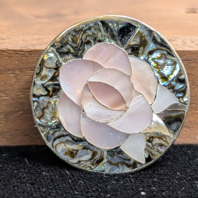 Vintage Artisan Abalone MOP Rose Floral Silver Tone Brooch