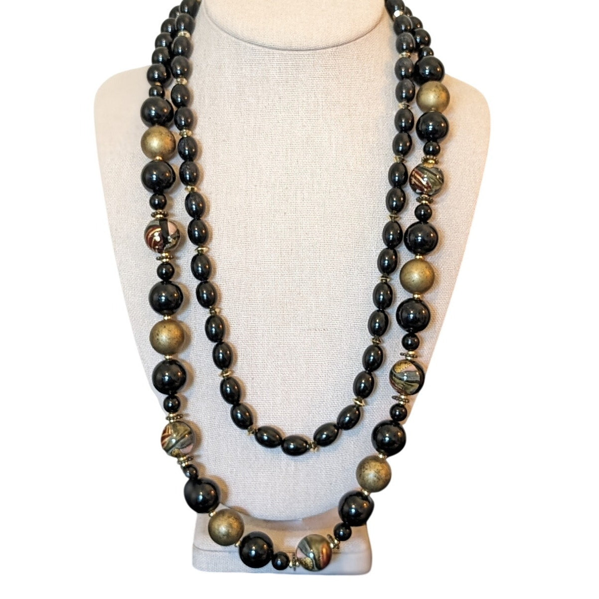 Two Black/Gold & Painted Beaded Vintage 24" & 28" Necklaces