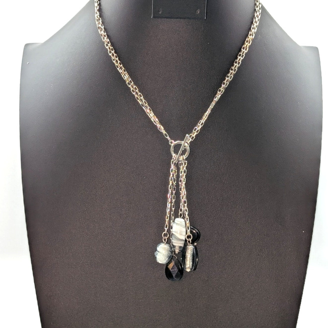Silver Tone Double Square Link Chain Front Toggle Glass Bead Tassel 17" Necklace