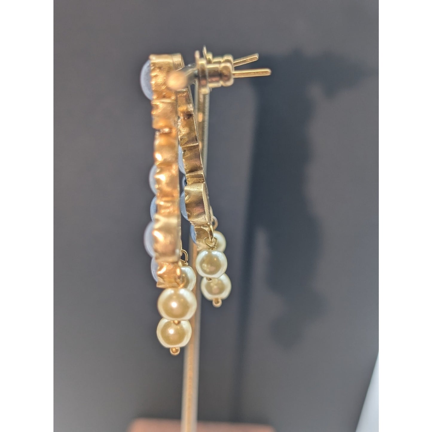 Well Made Gold Tone Non Metallic Blue Glass Pearl Dangle Long Post Earrings