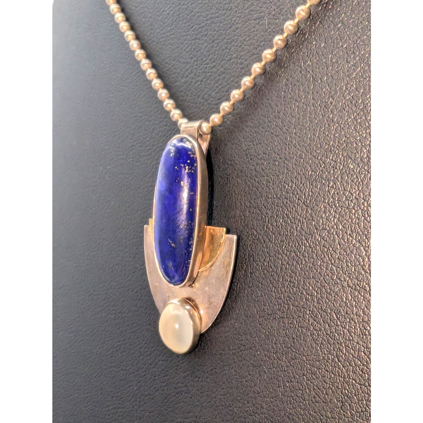 VTG Sterling Two Toned Lapis Lazuli & Moonstone Bead Ball Chain Necklace