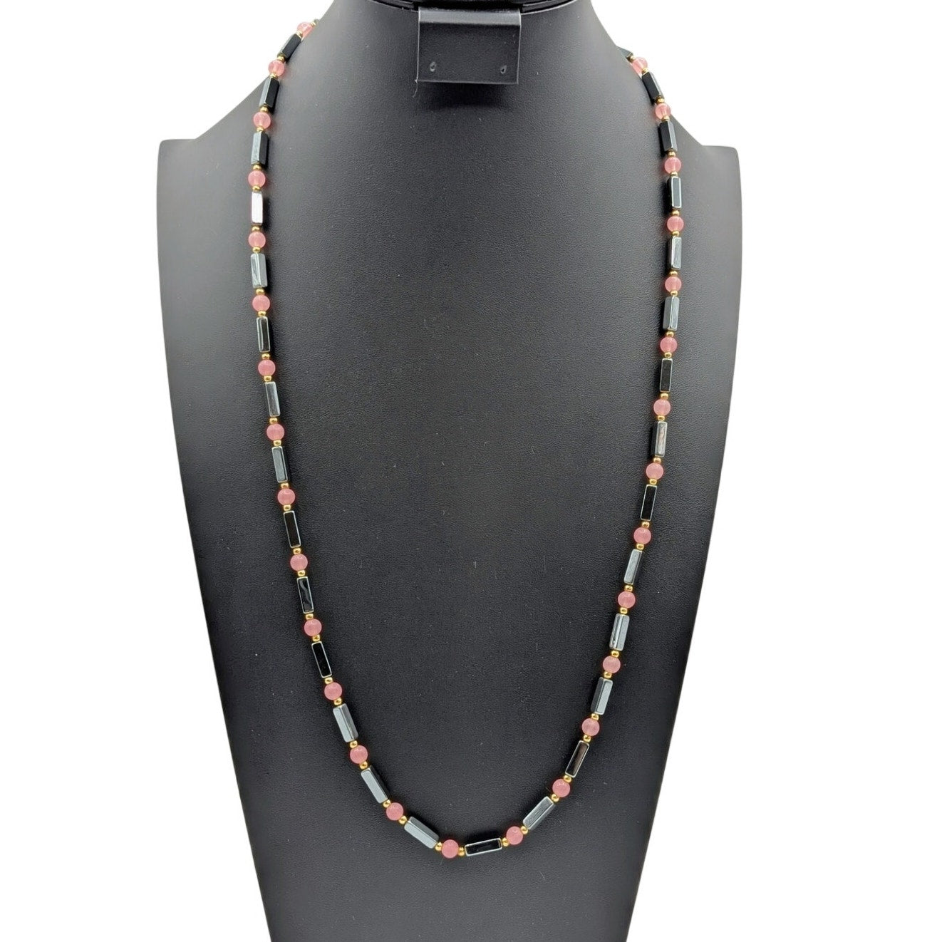 Elongated Hematite Pink Quartz Gold Tone Bead Over the Head 32" Necklace