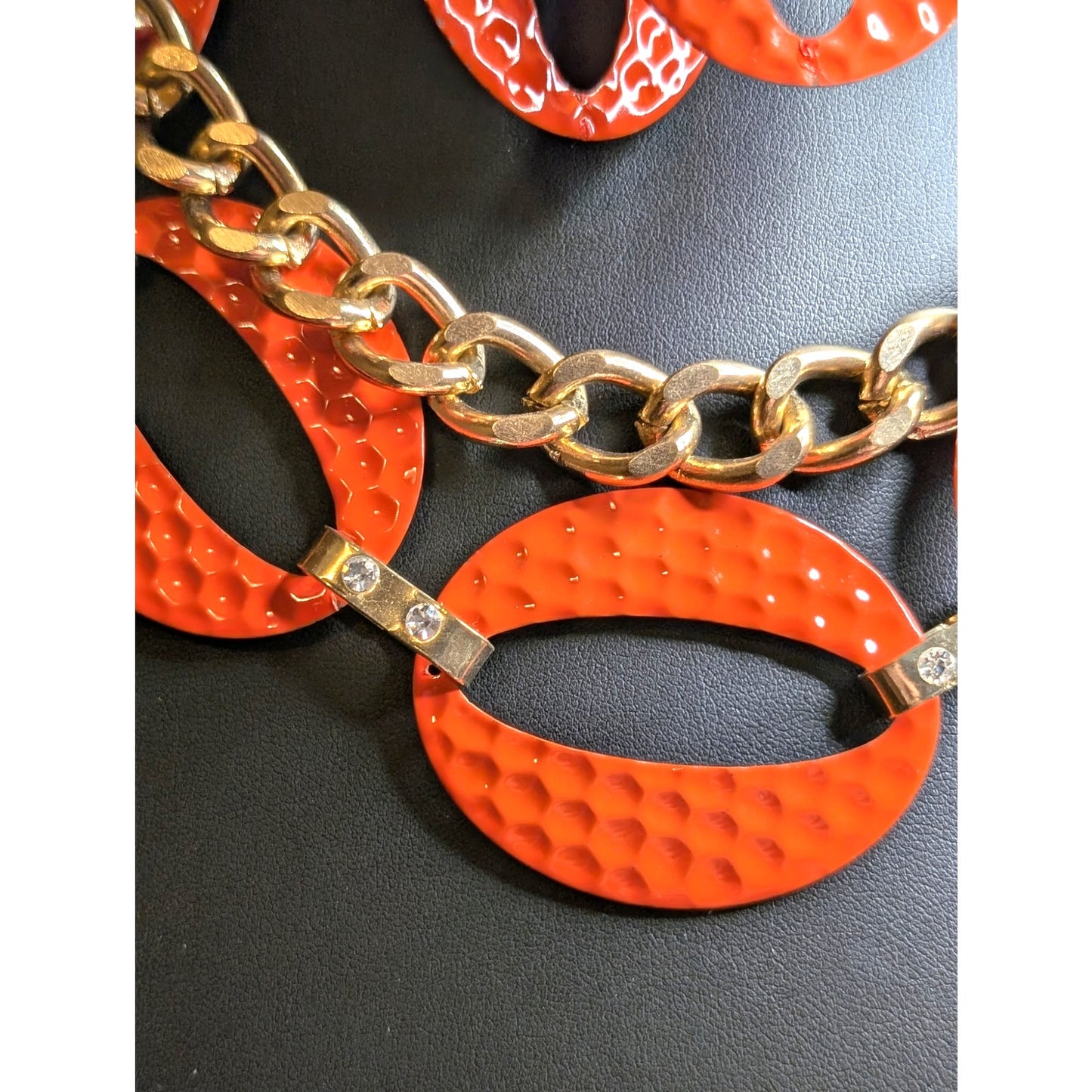 Retro 70's Orange Hammered Oval Disk Gold Tone Chain Necklace & Earring Set