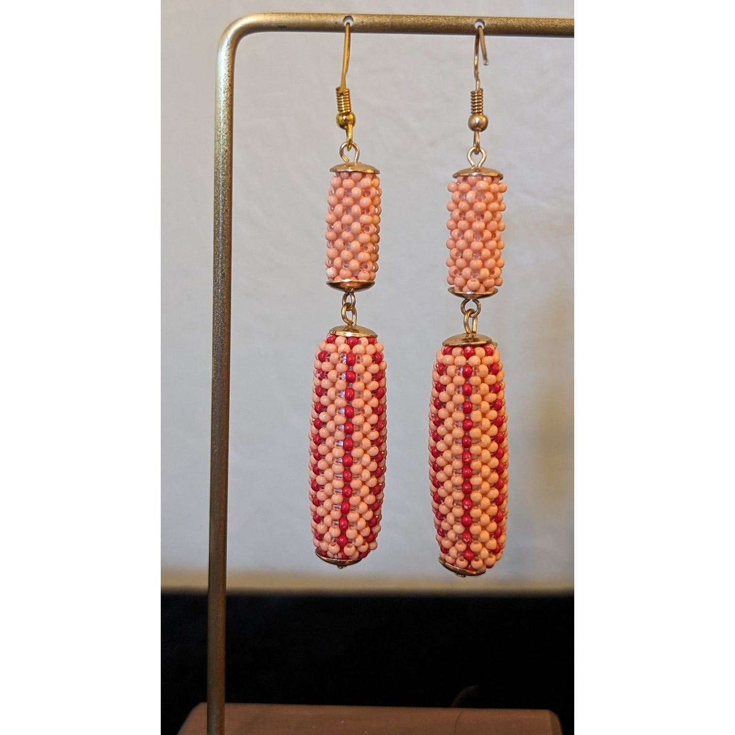 Vintage Peach Salmon Beaded Dangle French Wire Earrings