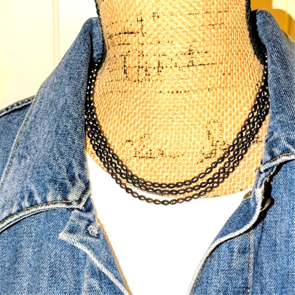 VTG Tahitian South Sea Baroque Pearl Triple Strand 925 Sterling Clasp Necklace