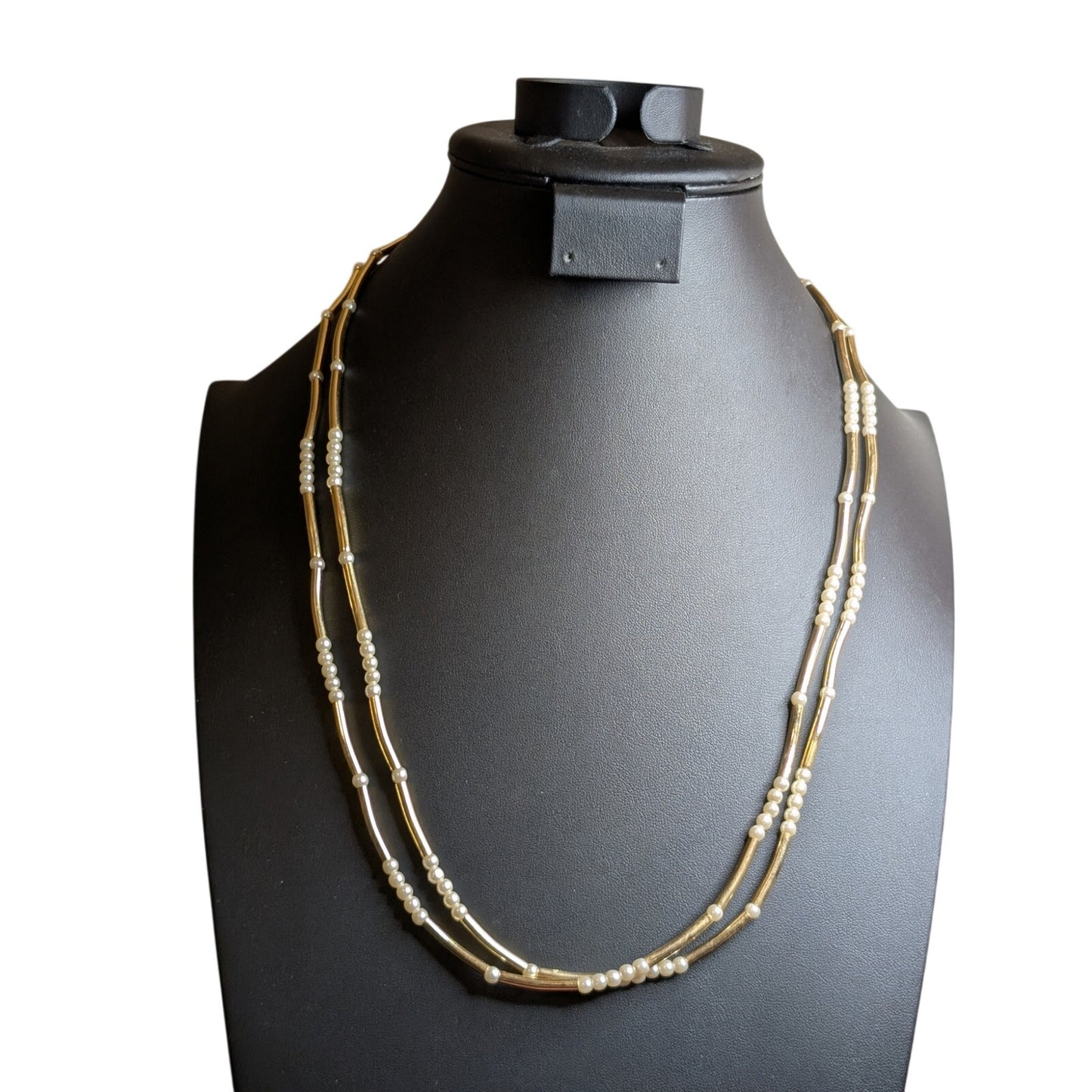 Double Strand Gold Tone Long Tube Bead Faux Pearl Necklace
