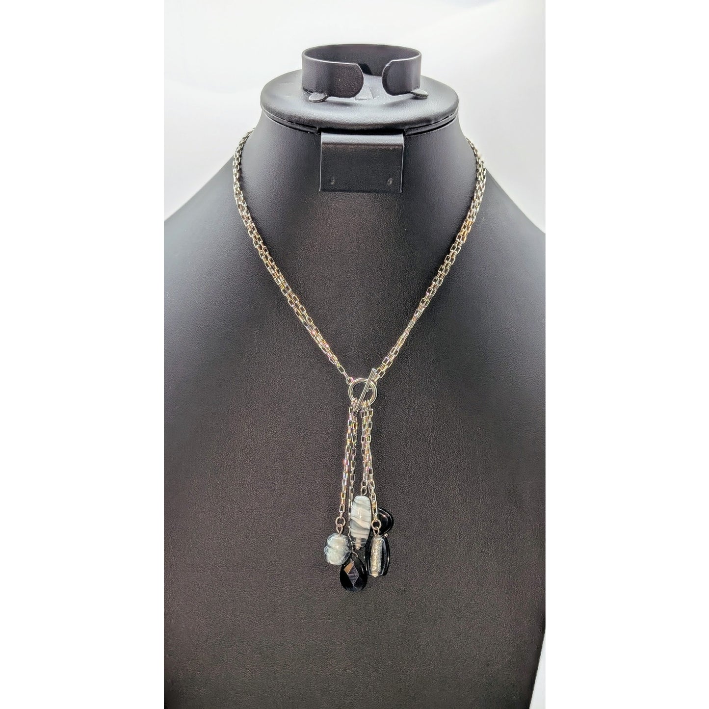 Silver Tone Double Square Link Chain Front Toggle Glass Bead Tassel 17" Necklace