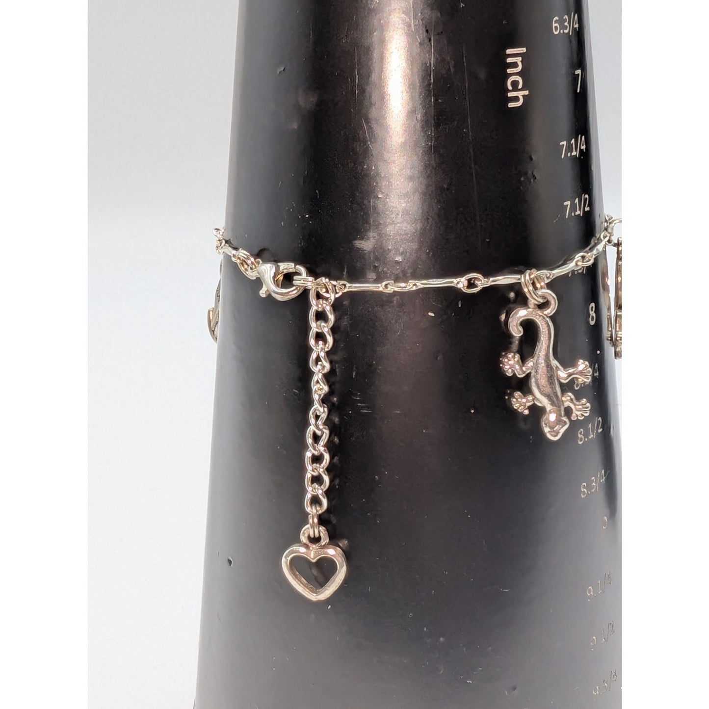 Silver Tone Charm Bracelet Fish Bee Octopus Salamander Cat Charms & Heart Dangle