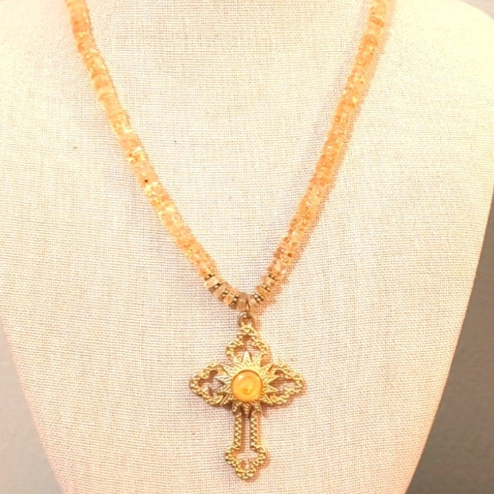 Genuine Citrine Bead Chain & Gold Tone Cross Pendant W/ Hook Closure
