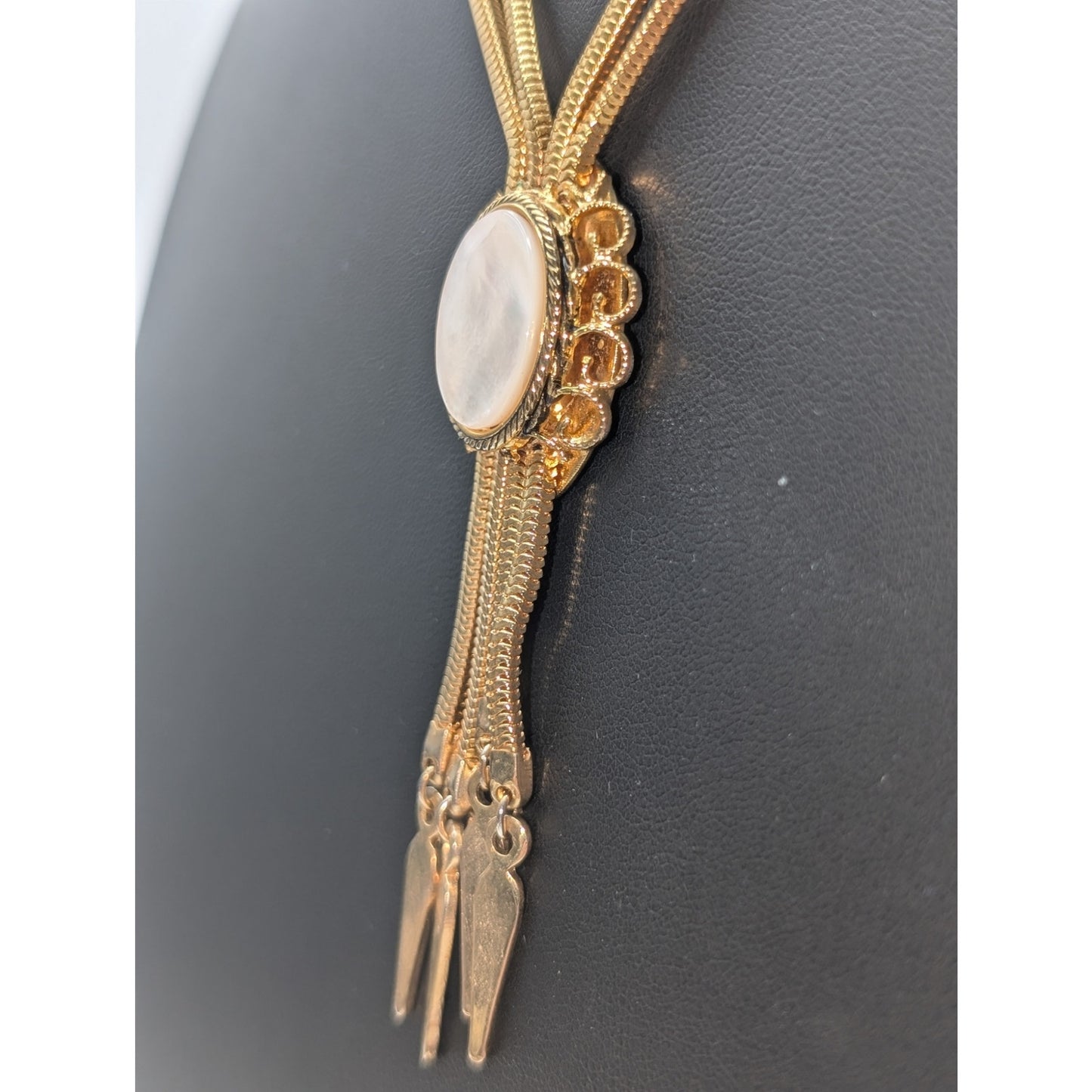 Vtg Yellow Gold Plated Double Snake Chain MOP Glass Tassel 17"-20.5" Necklace