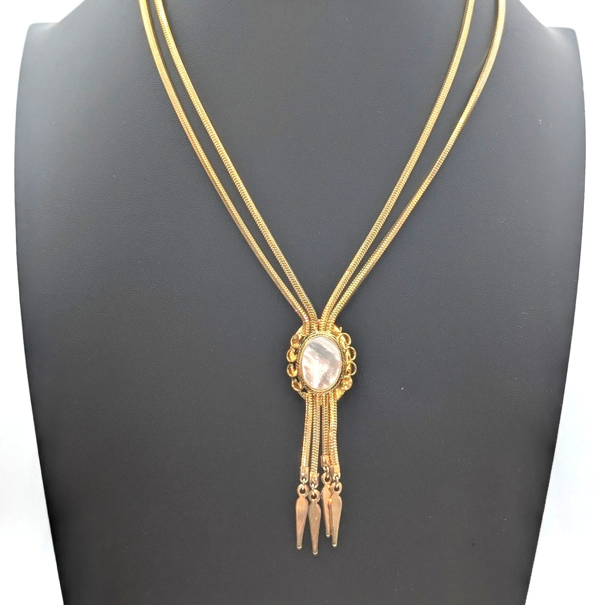 Vtg Yellow Gold Plated Double Snake Chain MOP Glass Tassel 17"-20.5" Necklace