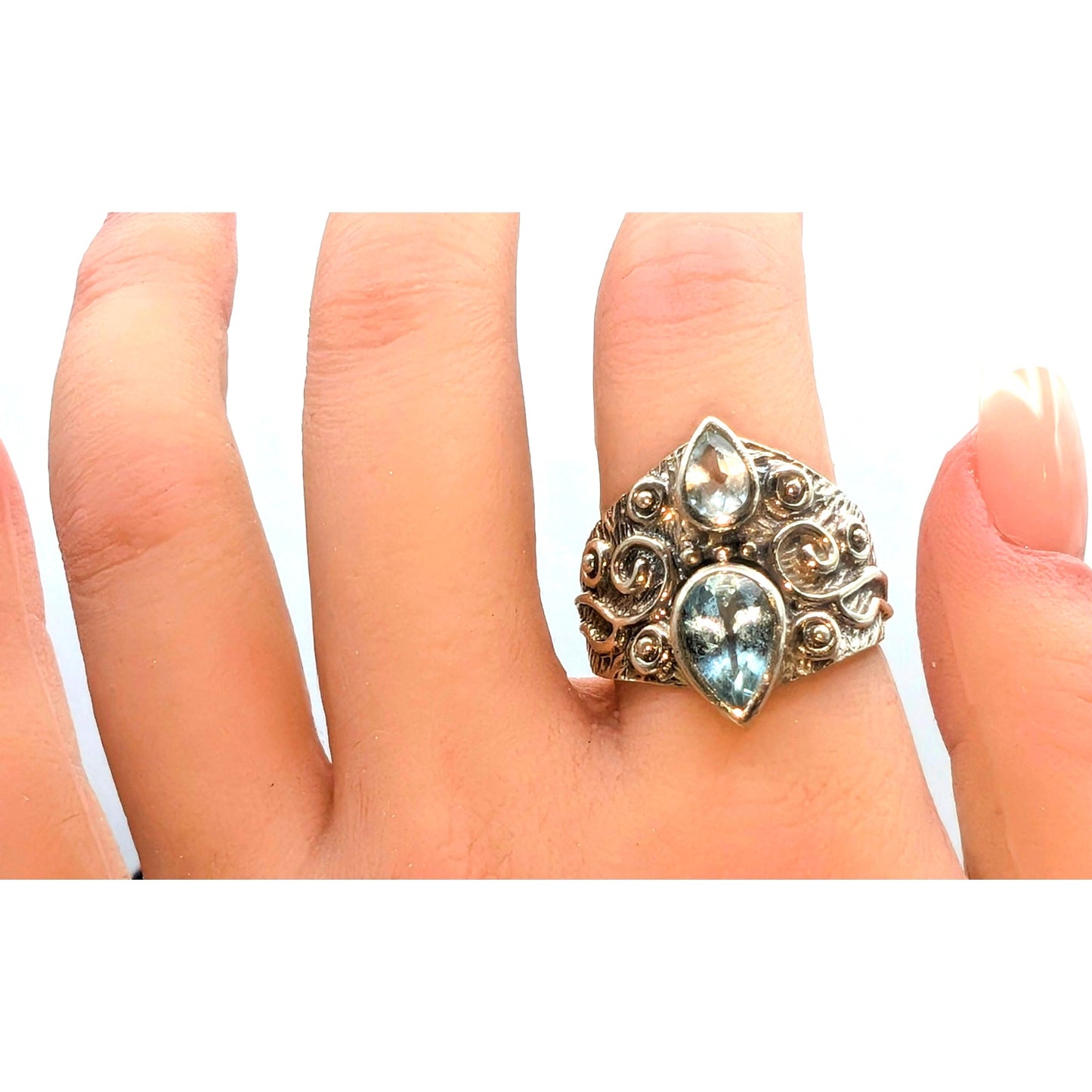 Two Blue Topaz Teardrop 925 Sterling Silver Swirl Ring W/ Bali Vibes Size 8.75