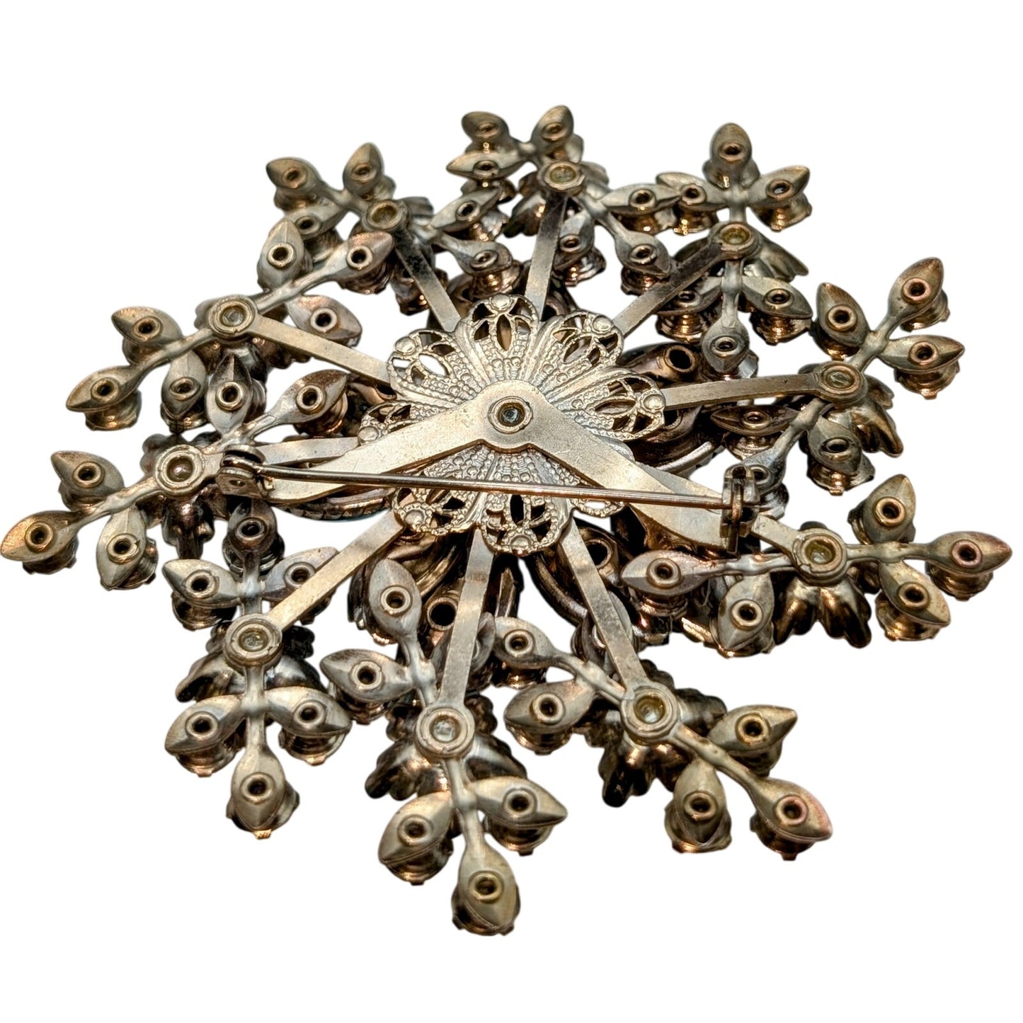 Gorgeous VTG Aqua Marquis Cut Rhinestone Faux Pearl AB Rhinestone Flower Brooch