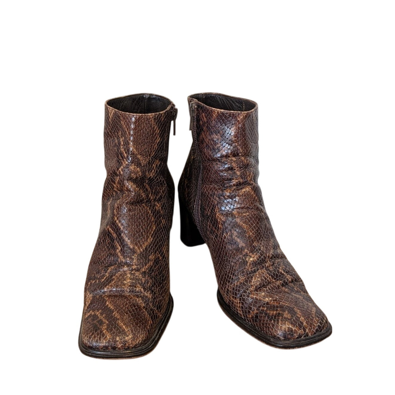Via Spiga Snakeskin Print Brown Leather Zip Ankle Boots Square Toe Italy Sz 7.5M