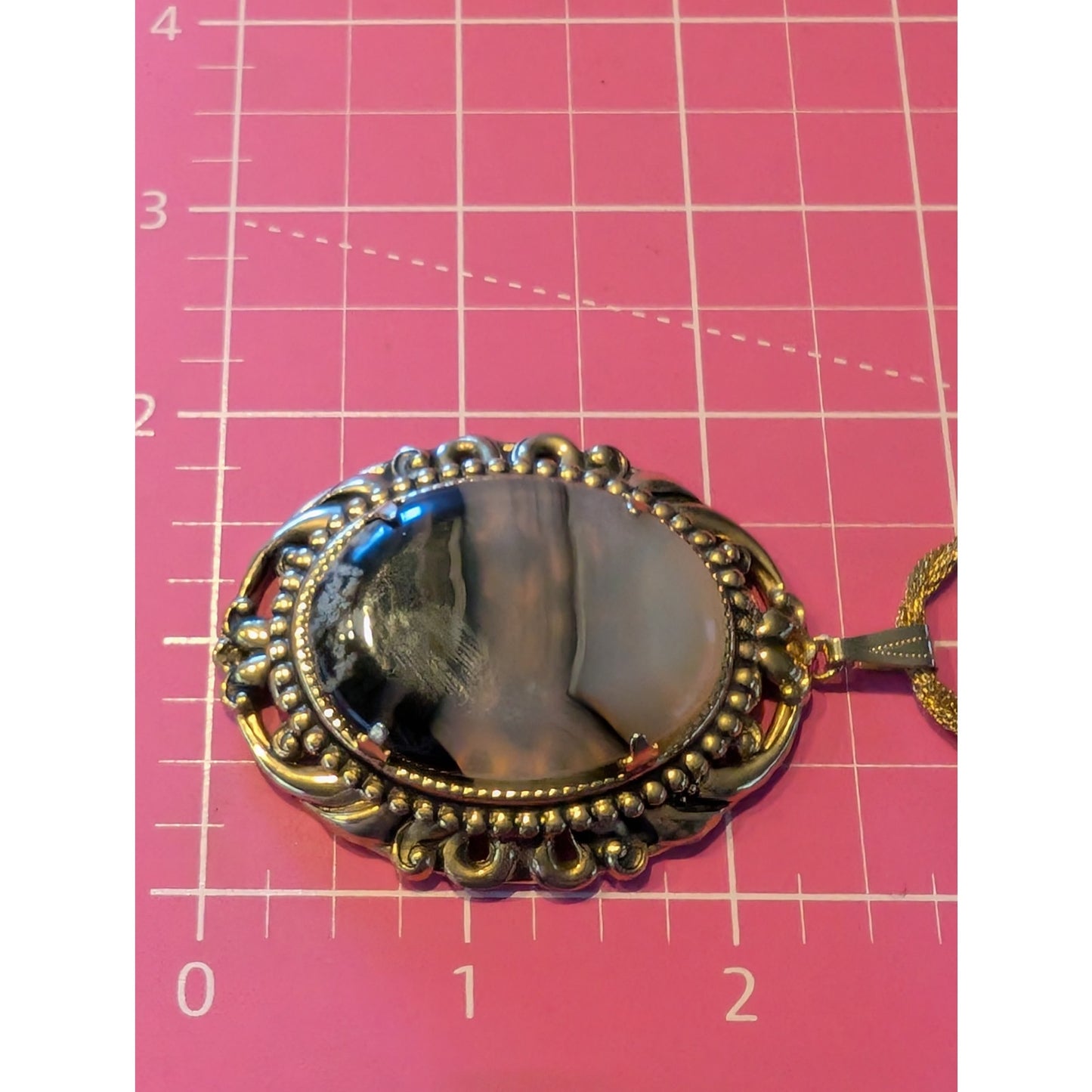 Vintage Gold Tone Agate Stone Pendant Braided Chain 25.5" Necklace