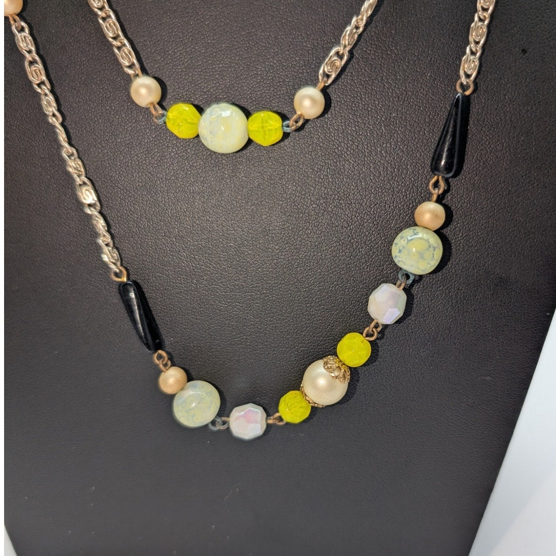 Vintage Black Yellow Cream White Beaded Station Chain Long 60" Necklace