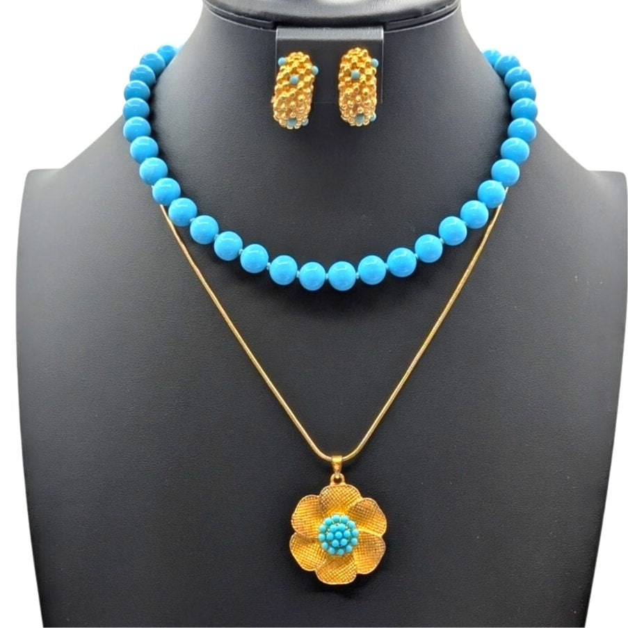 Three Piece Vintage to Modern Gold Tone & Turquoise Bead Jewelry Lot