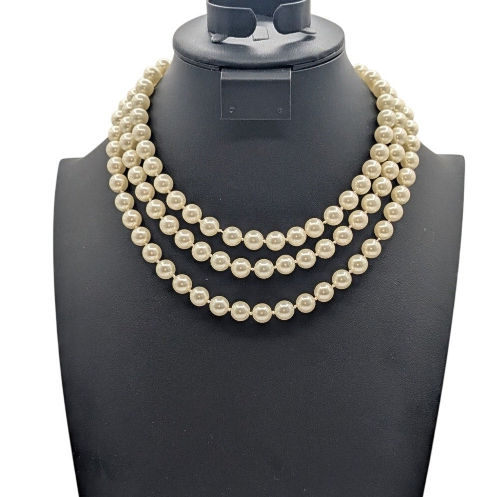 Vintage Triple Strand Knotted Approximately 10mm Faux Pearl 17" Necklace