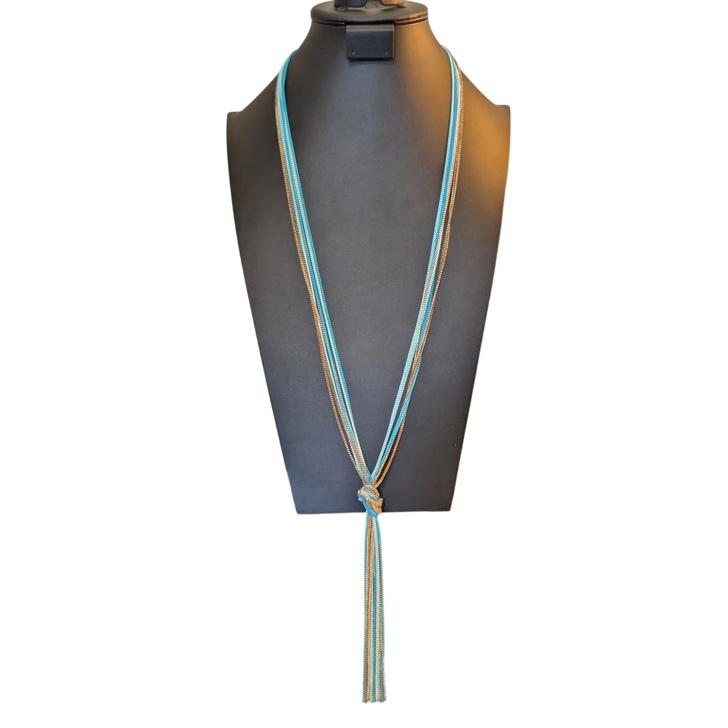 Multi-Blue & Gold Chain Knotted Tassel Long Necklace