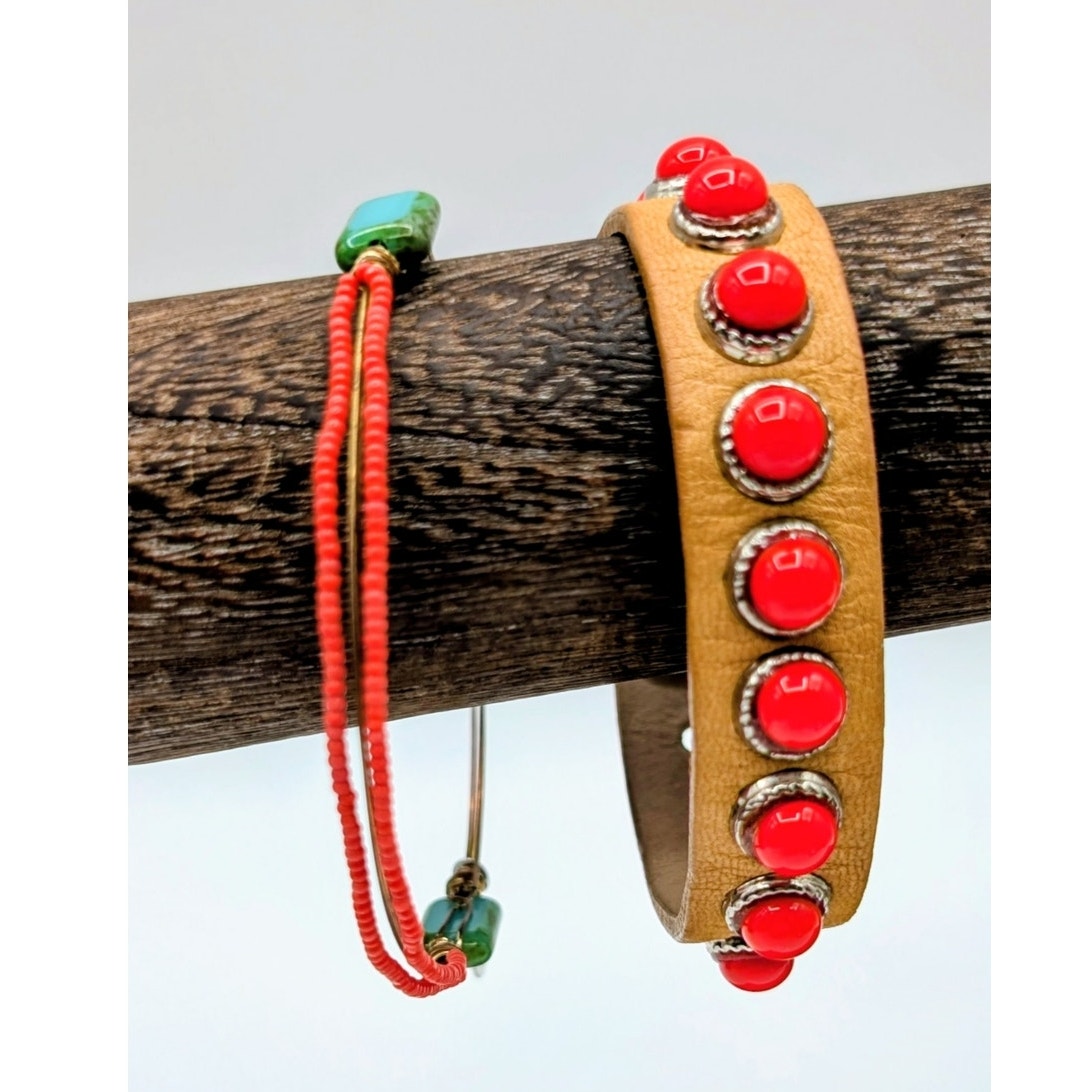 Lot of Two Boho Wire Adjustable Bangle & Streets Ahead Leather Beaded Bracelet
