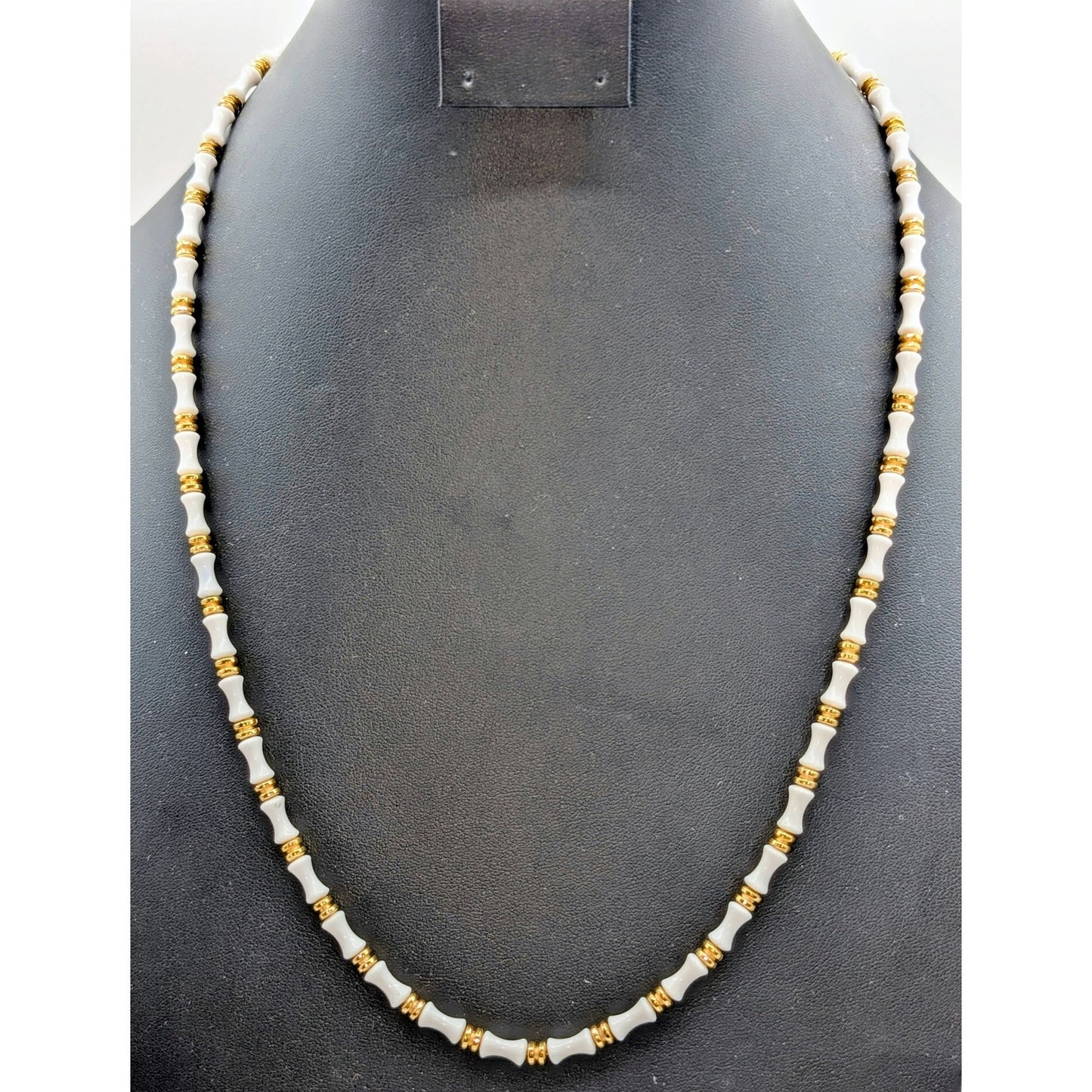 Vintage Monet White Glass & Gold Bead Bamboo or Bow Look 24" Necklace