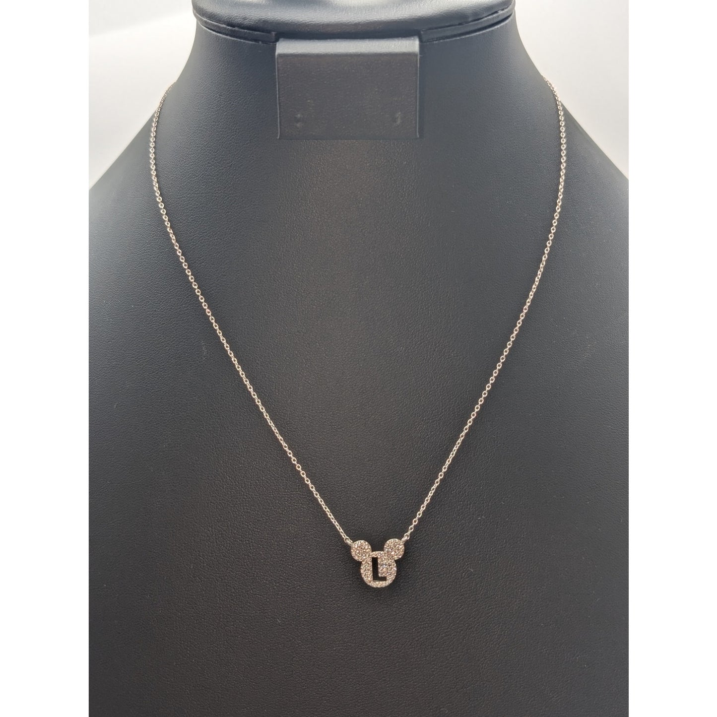 Disney Mickey Mouse White CZ Silver Over Brass Initial 'L' Pendant Necklace