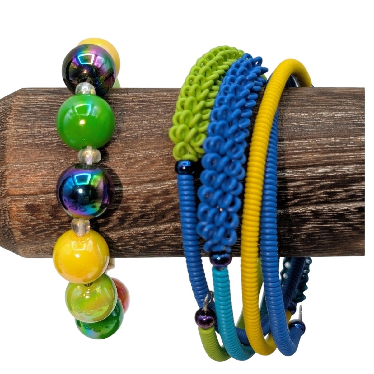 Lot of Two Colorful Telephone Wire Wrap Bracelet & Opalescent Beaded Bracelets