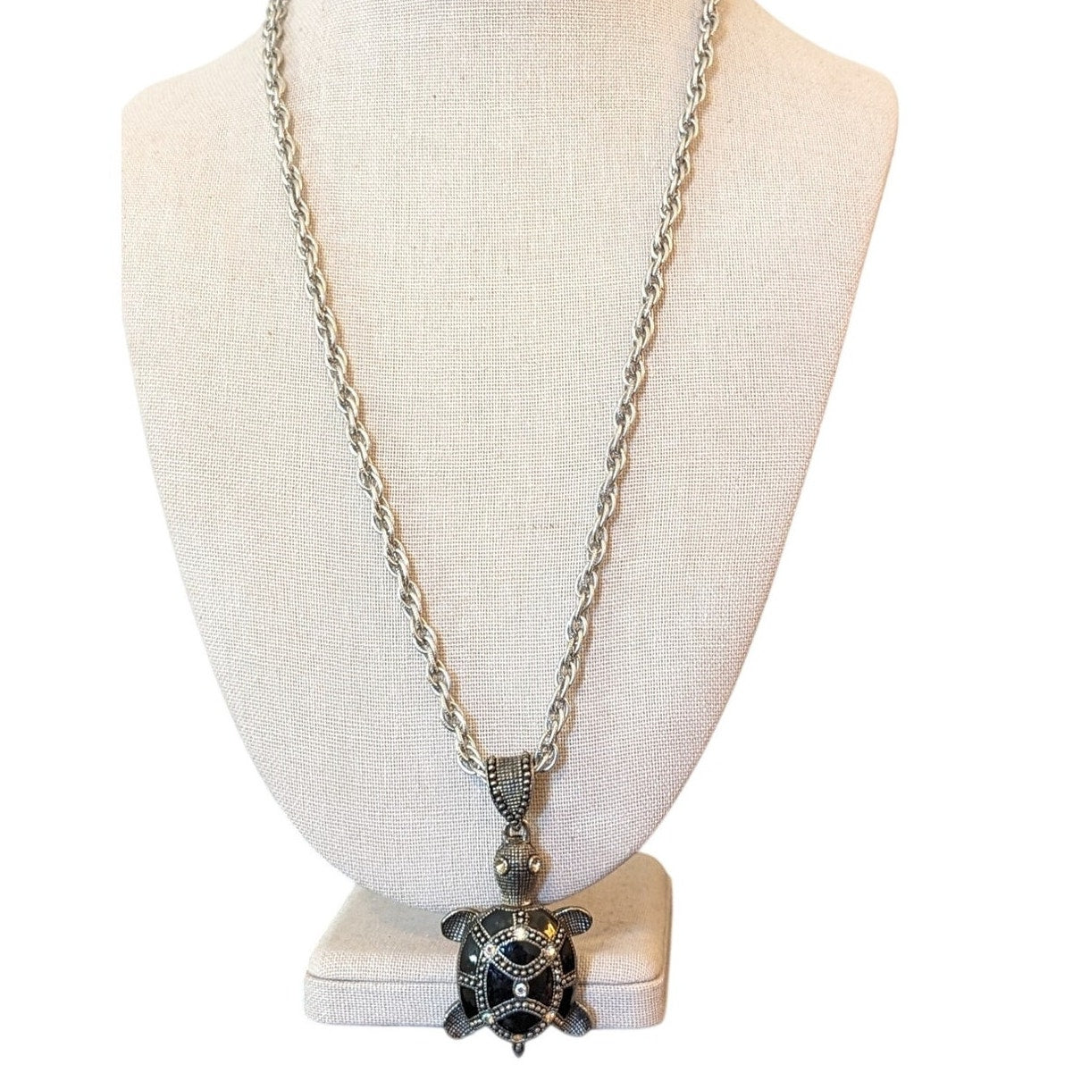 Vintage Black Enamel Beaded AB Crystal Silver Tone Chain Turtle Necklace