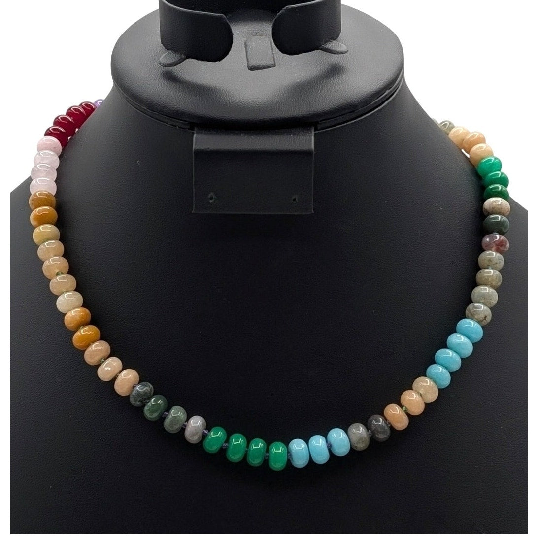 Colorful Natural Gemstone Hand-Knotted Bead 14K Gold Plated Clasp 18" Necklace