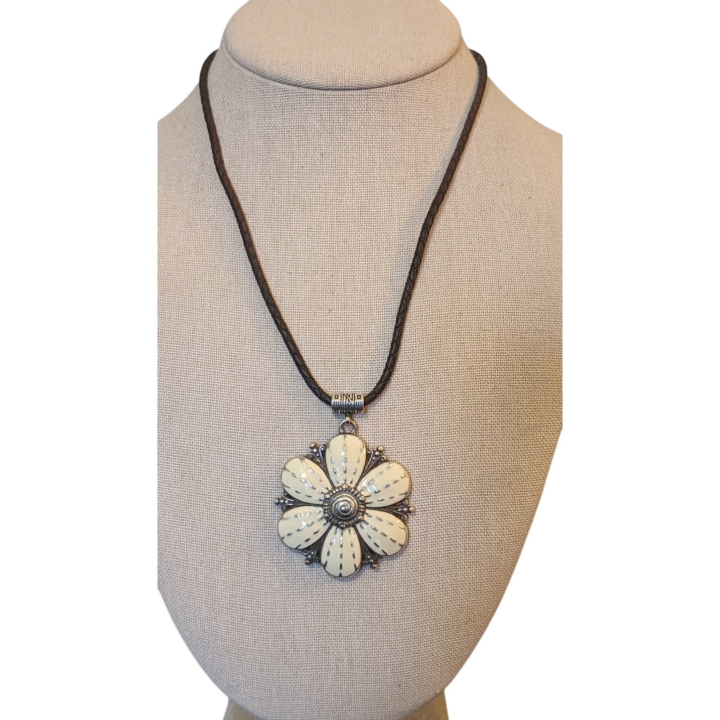 BRIGHTON Retired Rare Cream Enamel Flower Pendant Braided Leather Necklace