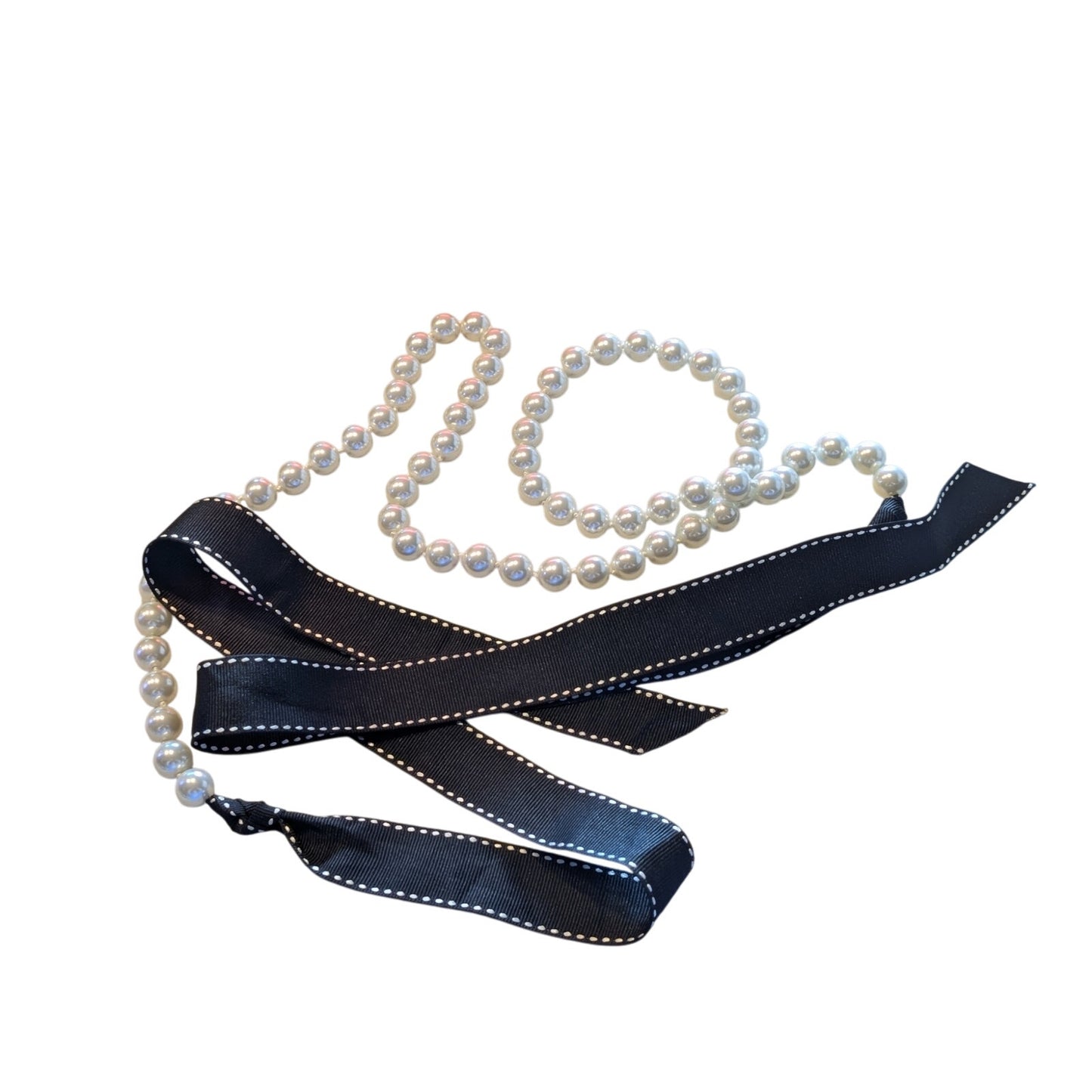 Vintage Contrasting Stitch Black Crossgrain Ribbon Pearl 77" Long Belt