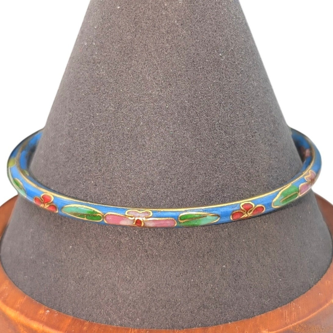 Vintage Thin Blue Floral Cloisonne Bangle Bracelet