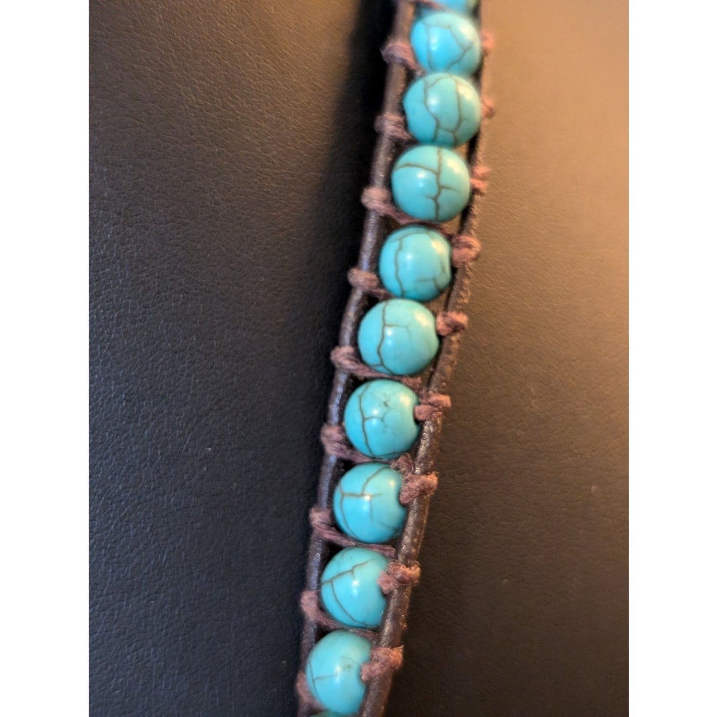 Lot of Three Stone Bead Leather Cord Button Clasp Necklaces