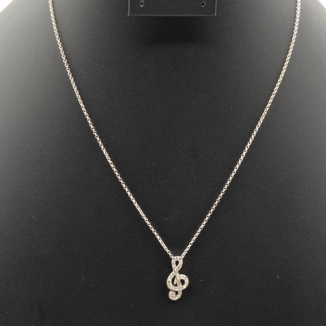 925 Italy Sterling Silver Crystal Studded Treble Clef Pendant 18" Chain Necklace