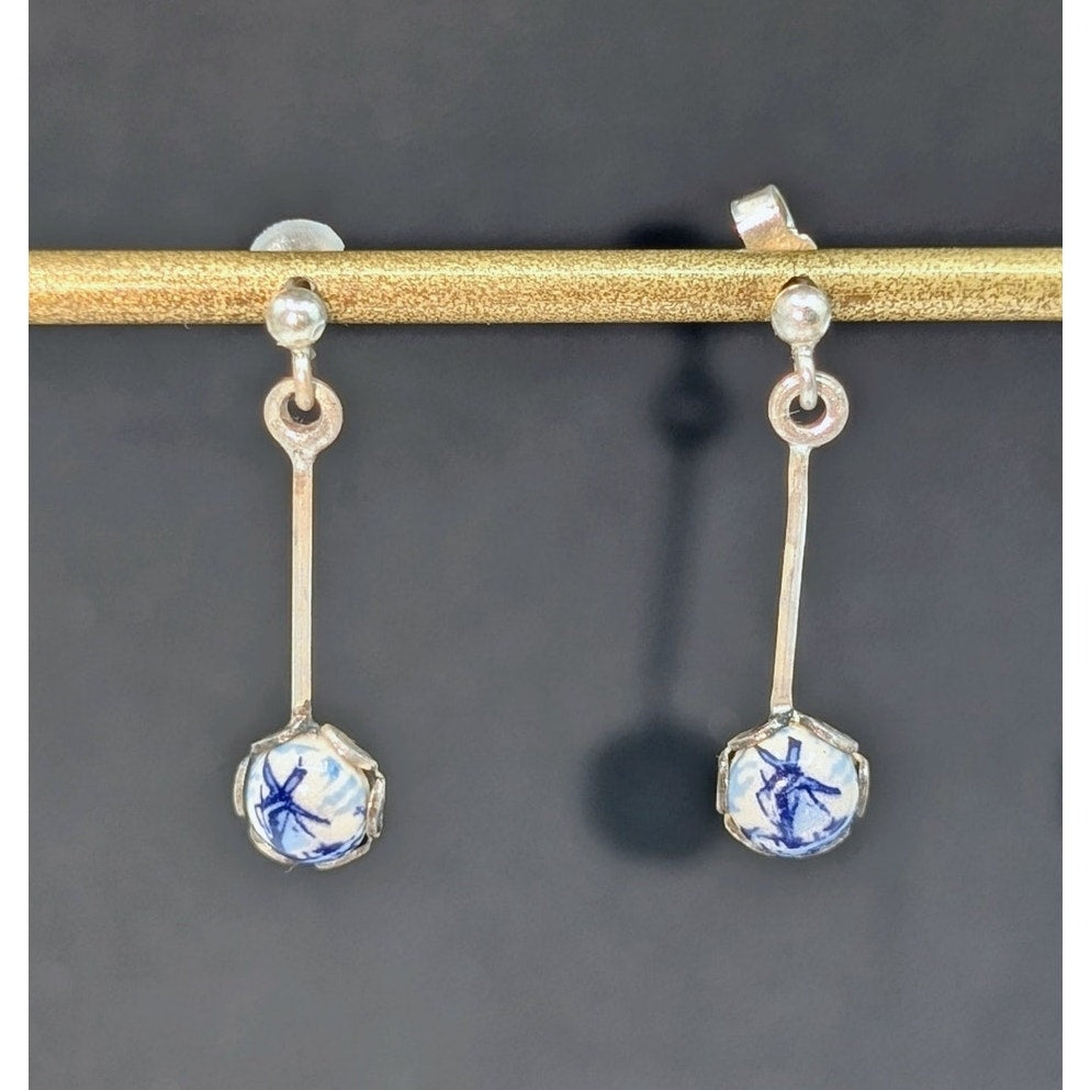 Vintage Delft Holland Ceramic Windmill Dangle Earrings
