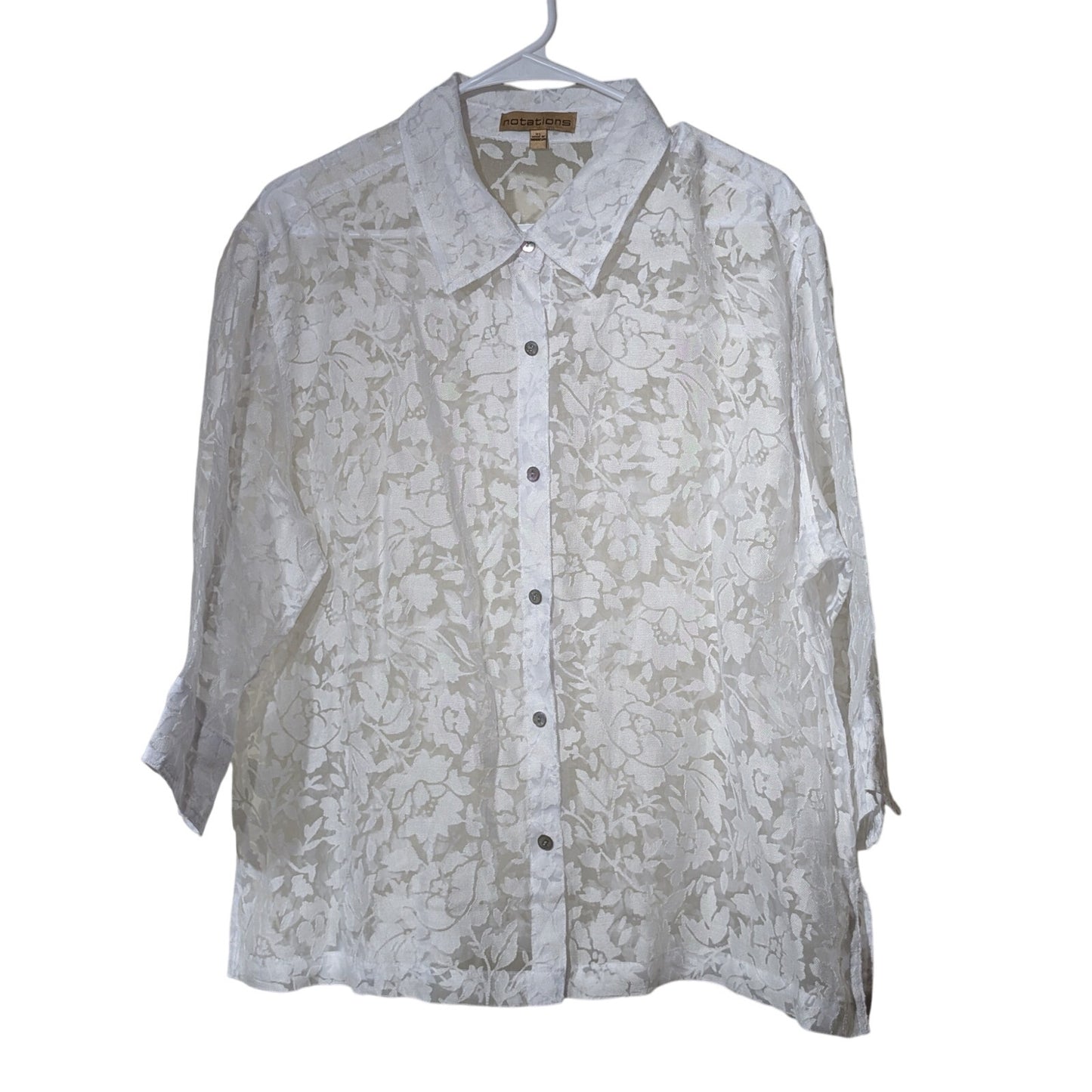 Notations Vintage White Cut Out Lace Button Front 3/4 Length Sleeves Shirt Sz XL