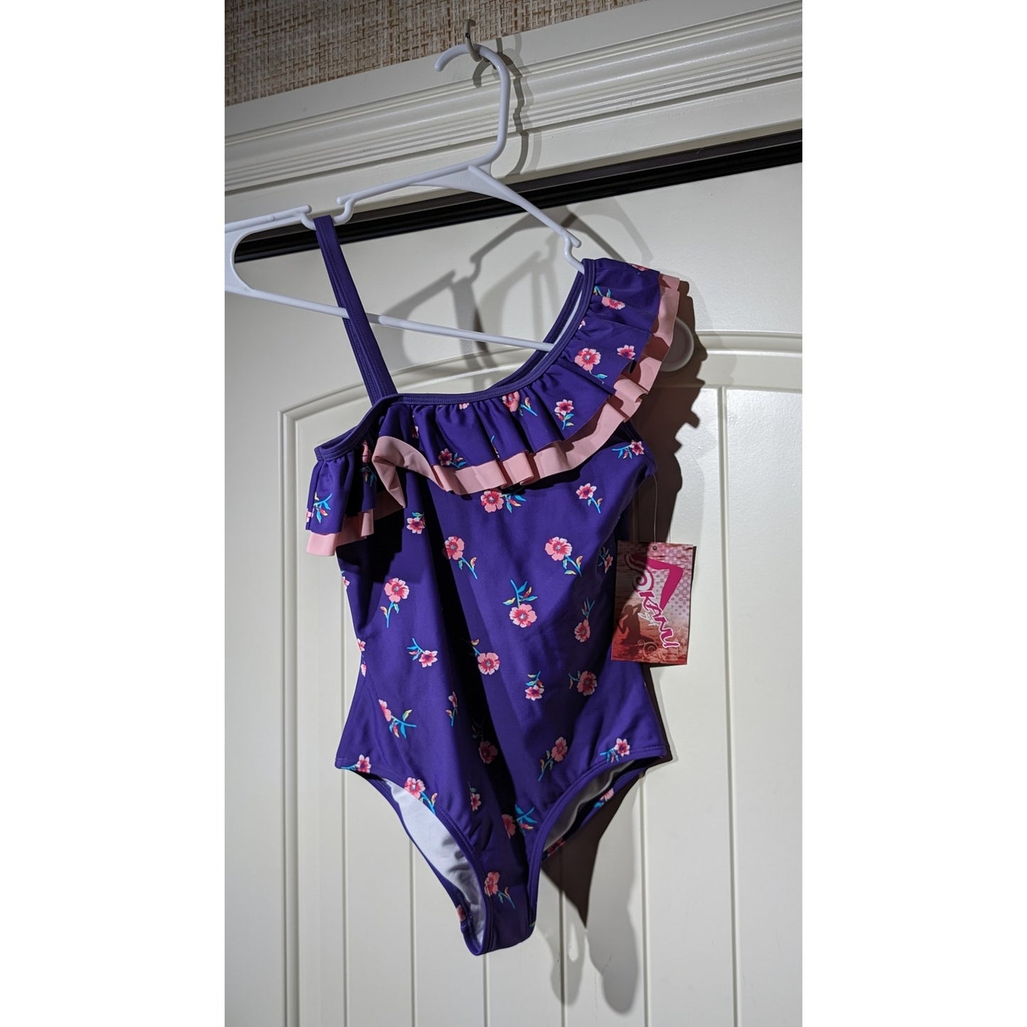 Kanu Surf Girls 'Morgan' Purple/Pink Ruffle Floral One Pc Swimsuit NWT Size 12