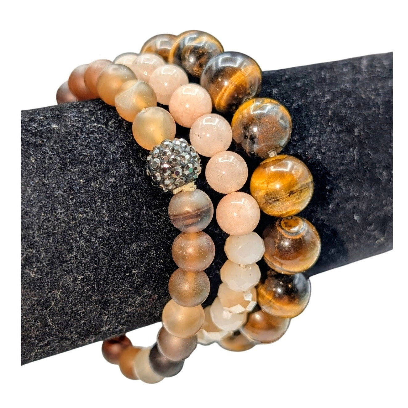 Lot of Three Stone Crystal Brown Pink Stretch Bracelets