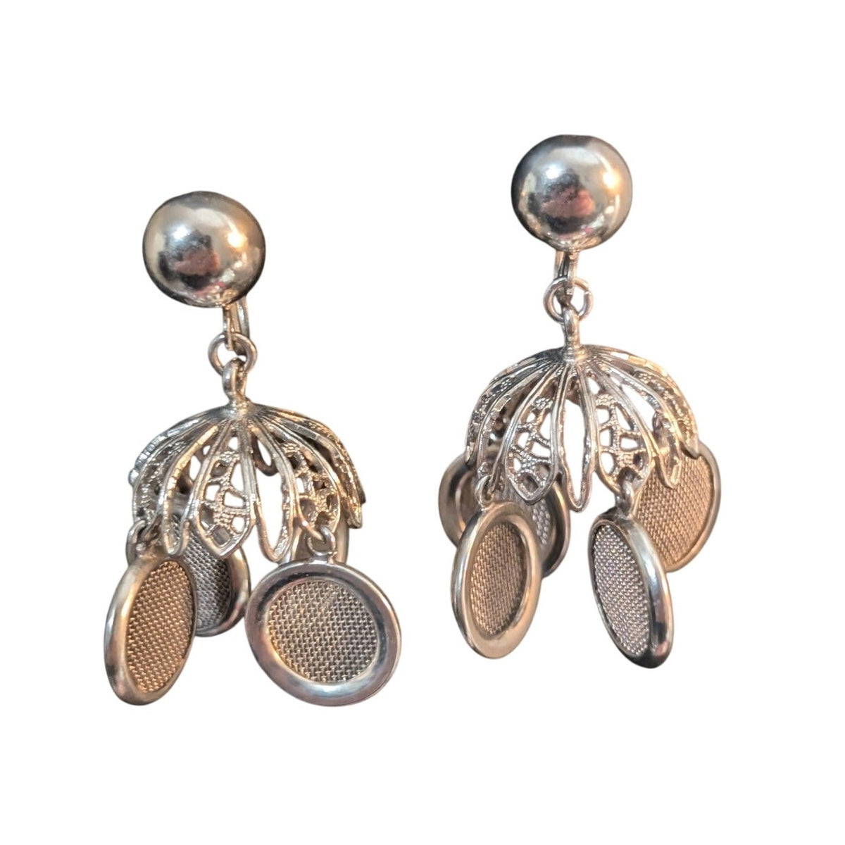 Vintage Silver Tone Filigree Mesh Circle Dangle Screw Back Earrings