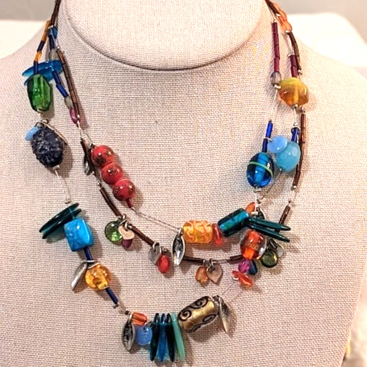 Chico's Three Strand Colorful Glass Bead Necklace