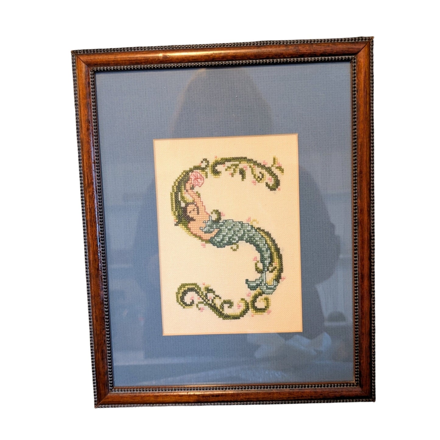 Mermaid Cross Stitch Initial 'S' Blue Mat Framed Art