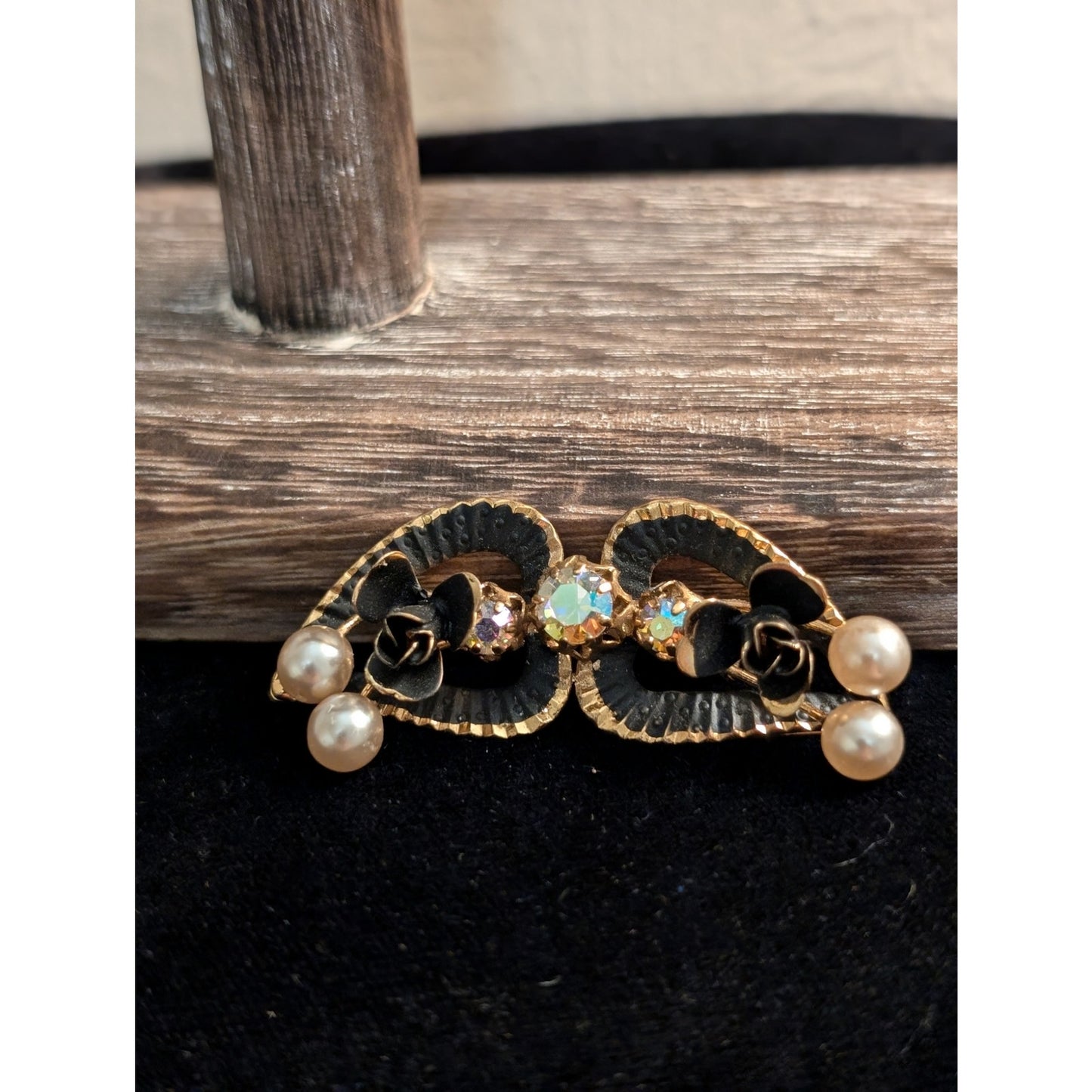 Vintage Austrian AB Crystal Pearl Gold Tone Black Enamel Painted Flower Brooch
