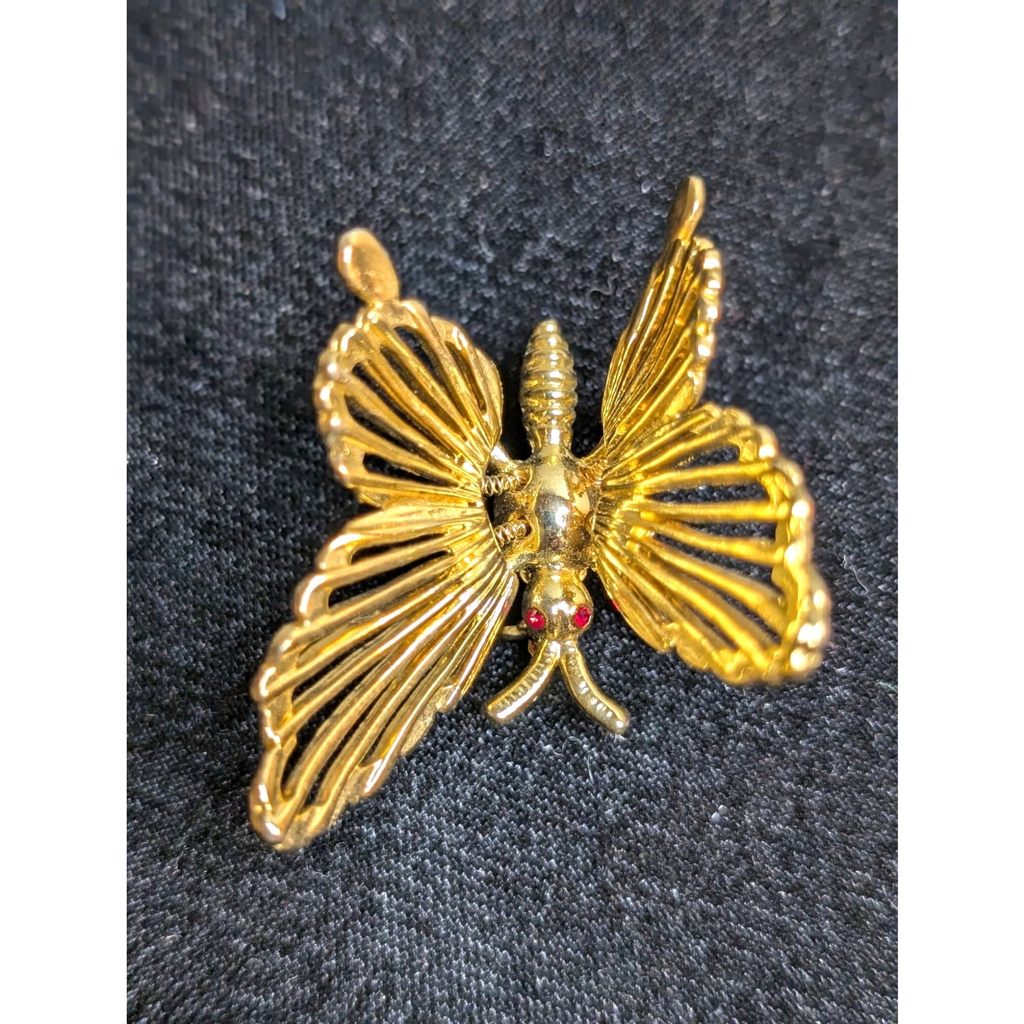 Vintage Gold Tone Butterfly W/ Spring Fluttering Wings & Red Crystal Eyes Brooch