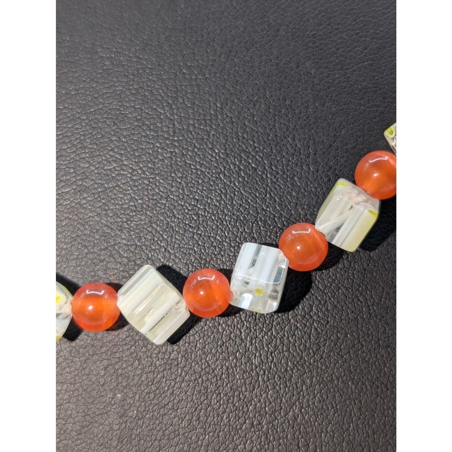 Orange Cat Eye Round & Clear Yellow Daisy Square Bead Toggle Clasp 25" Necklace