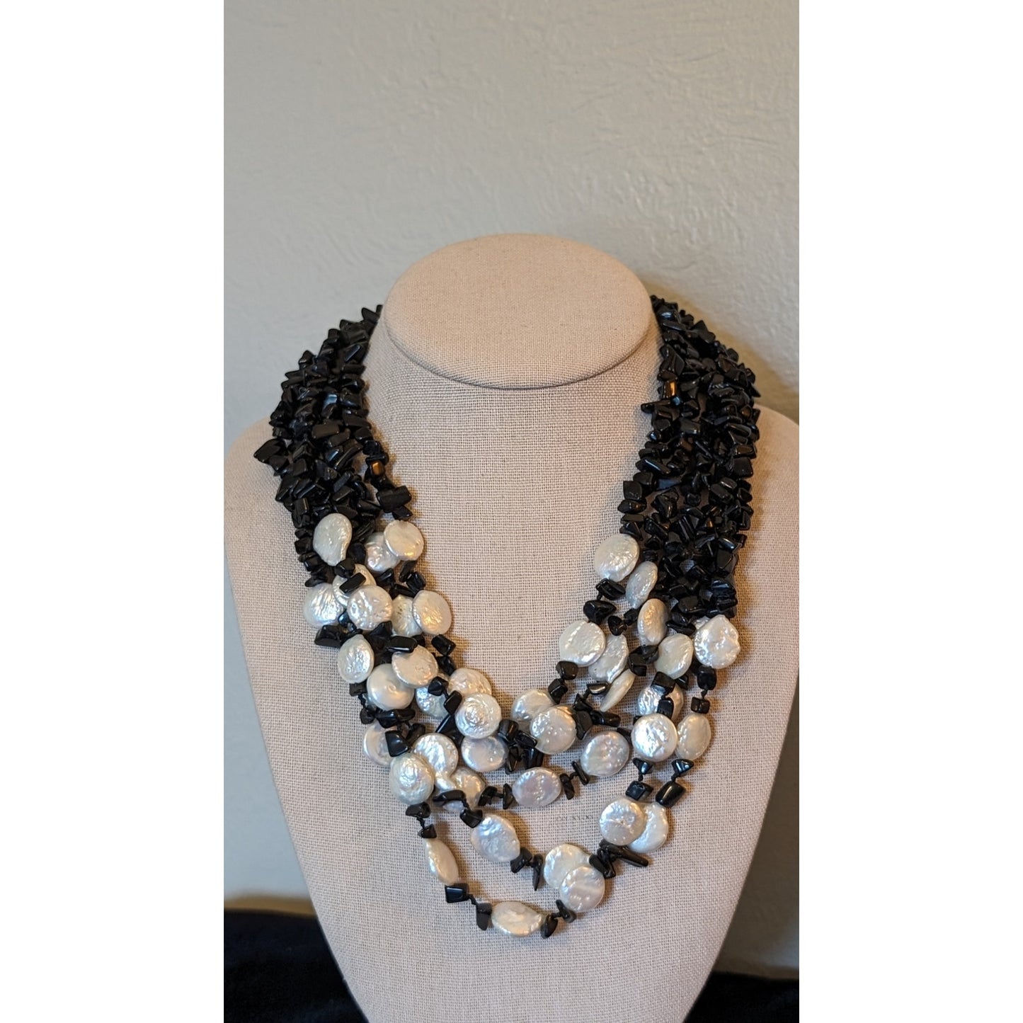Six Strand White Coin Pearl Black Onyx Chip Sterling Slide In Clasp Necklace