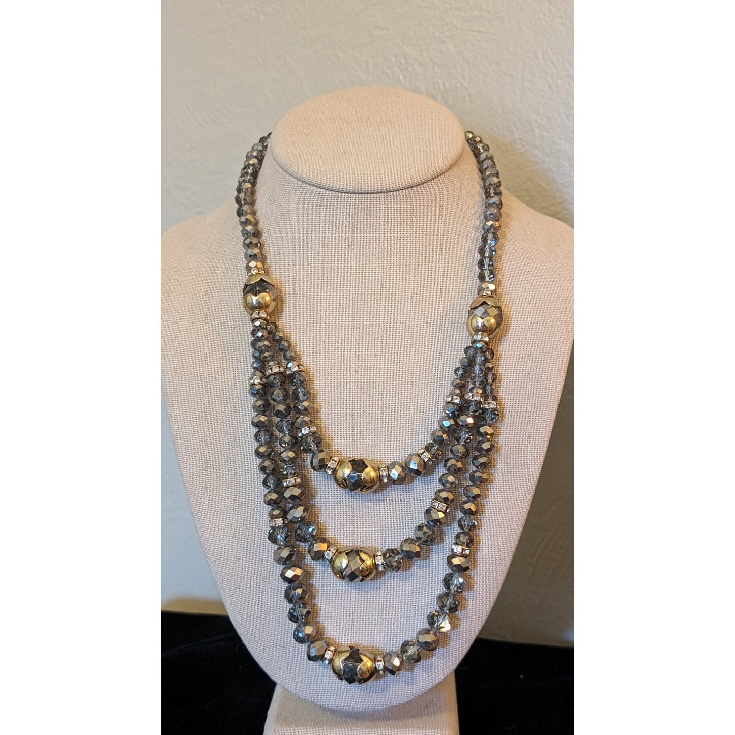 Smoky Gray, Metallic Crystal Bead, Gold Tone Rondelles, Scalloped Cap Necklace